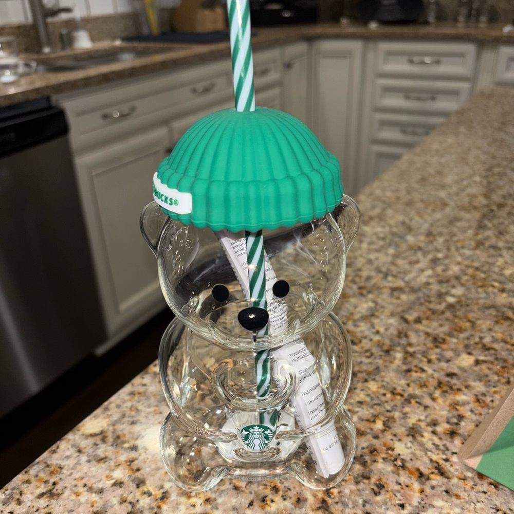 Starbucks Clear Bear Cup with Teal Lid and Striped Straw